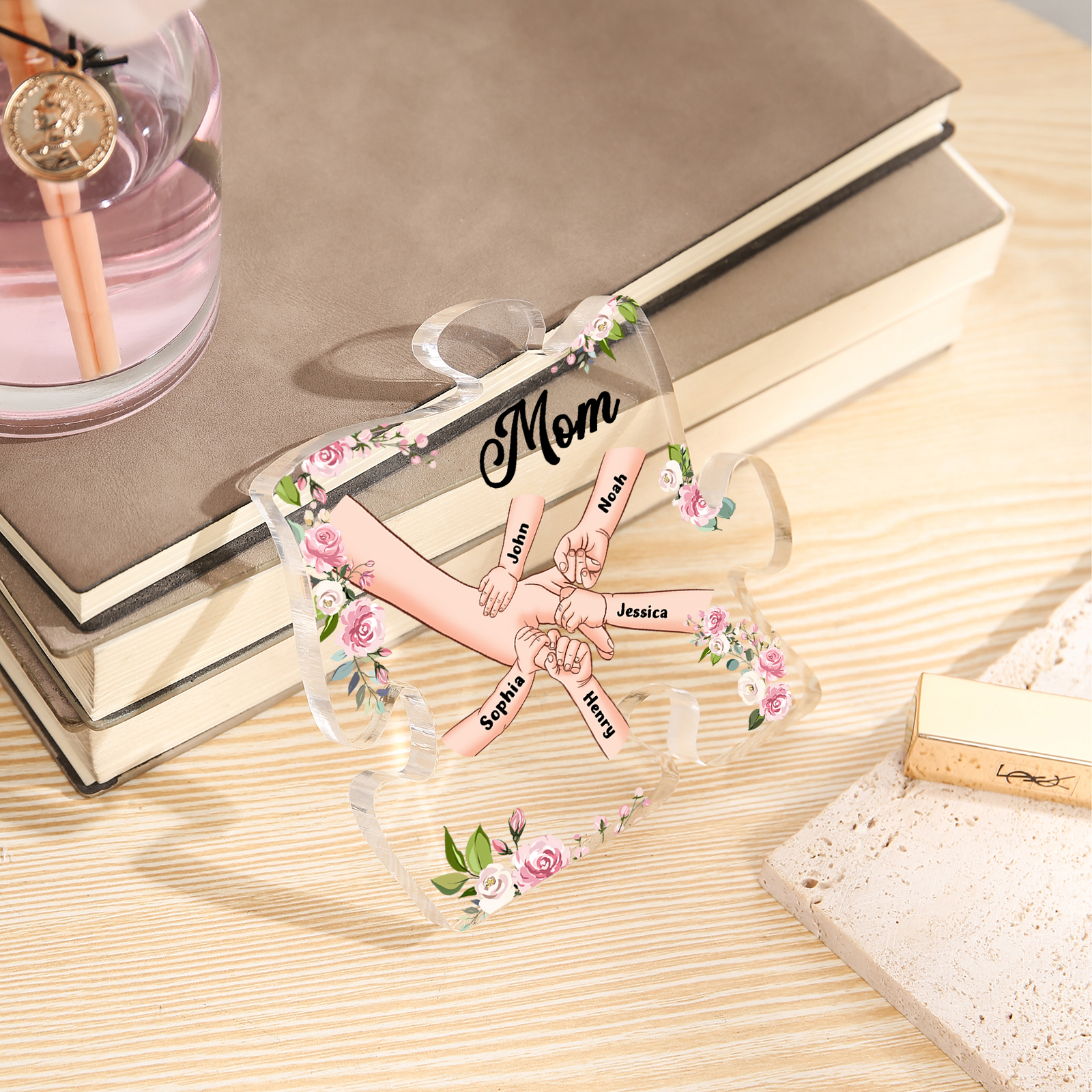 5 Name - Personalized Acrylic Heart Keepsake Customized Name Holding Hands Acrylic Plaque Ornament Mother's Day Gift for Mom