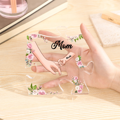 1 Name - Personalized Acrylic Heart Keepsake Customized Name Holding Hands Acrylic Plaque Ornament Mother's Day Gift for Mom