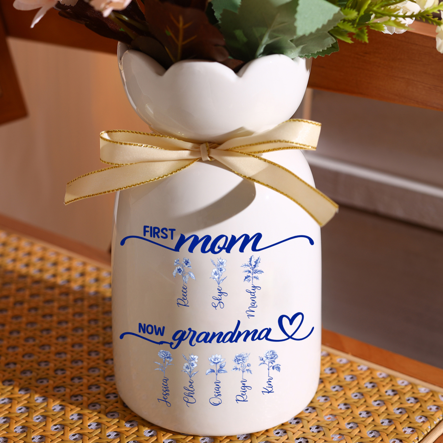 Ceramic Vase with a gold ribbon and blue floral patterns, for Mom and Grandma