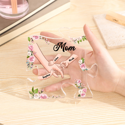 3 Name - Personalized Acrylic Heart Keepsake Customized Name Holding Hands Acrylic Plaque Ornament Mother's Day Gift for Mom