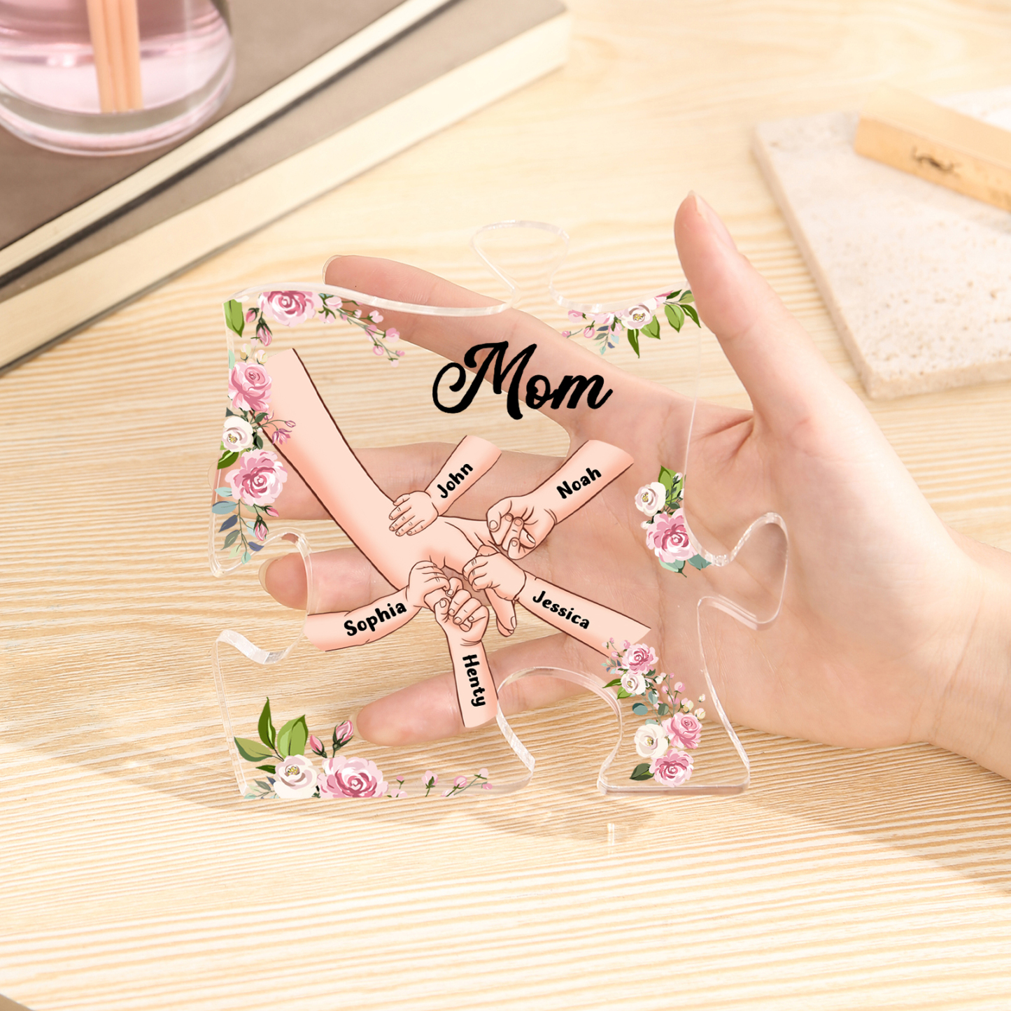 5 Name - Personalized Acrylic Heart Keepsake Customized Name Holding Hands Acrylic Plaque Ornament Mother's Day Gift for Mom