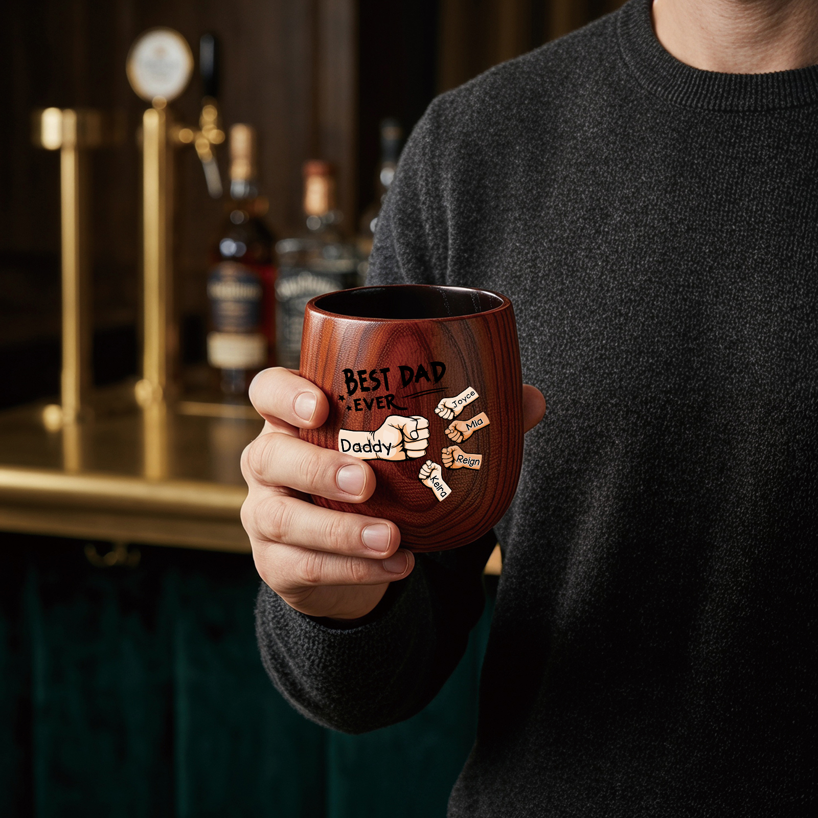 Personalized Wooden Whiskey Cup Custom with 2-6 Fist Bumps and Names