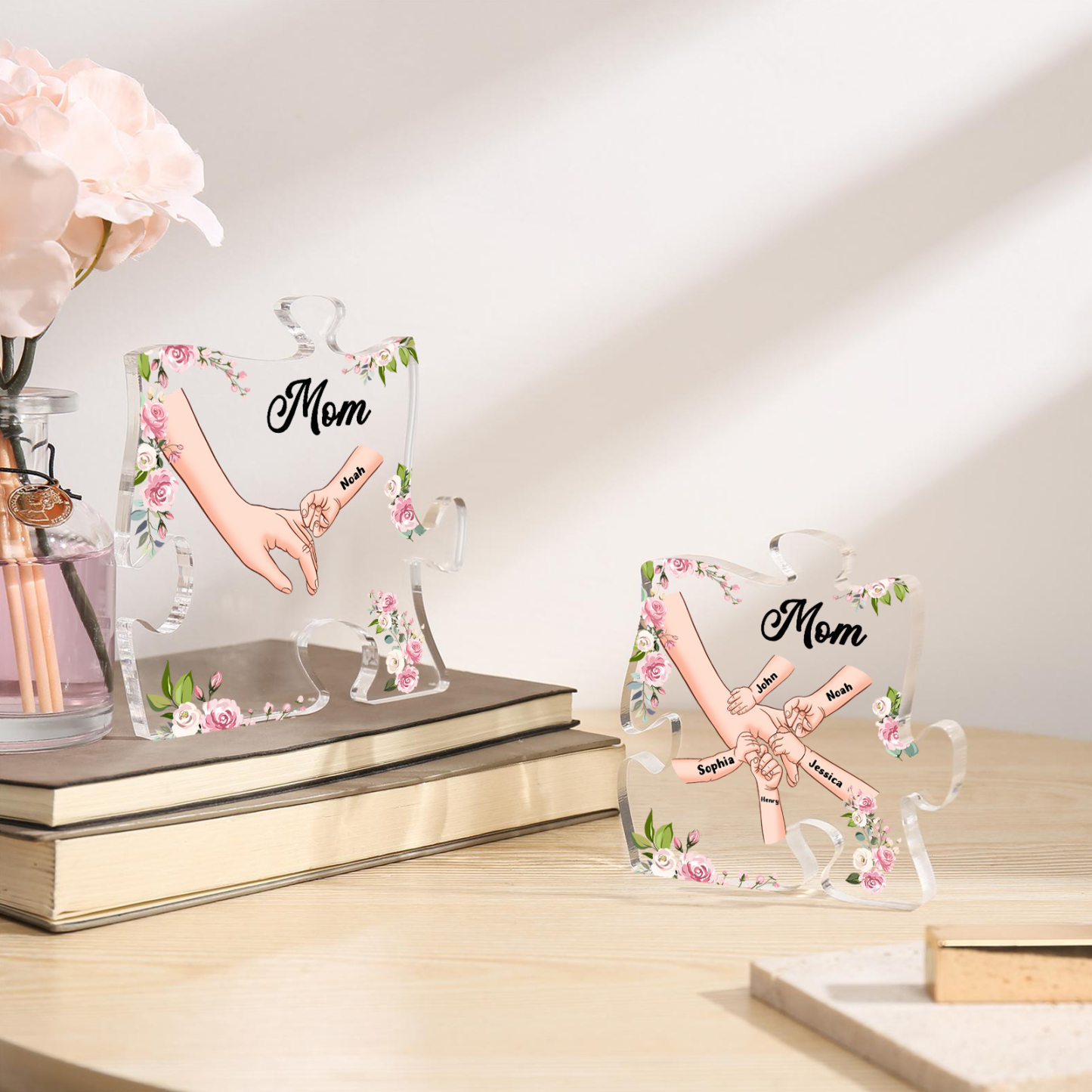 1 Name - Personalized Acrylic Heart Keepsake Customized Name Holding Hands Acrylic Plaque Ornament Mother's Day Gift for Mom