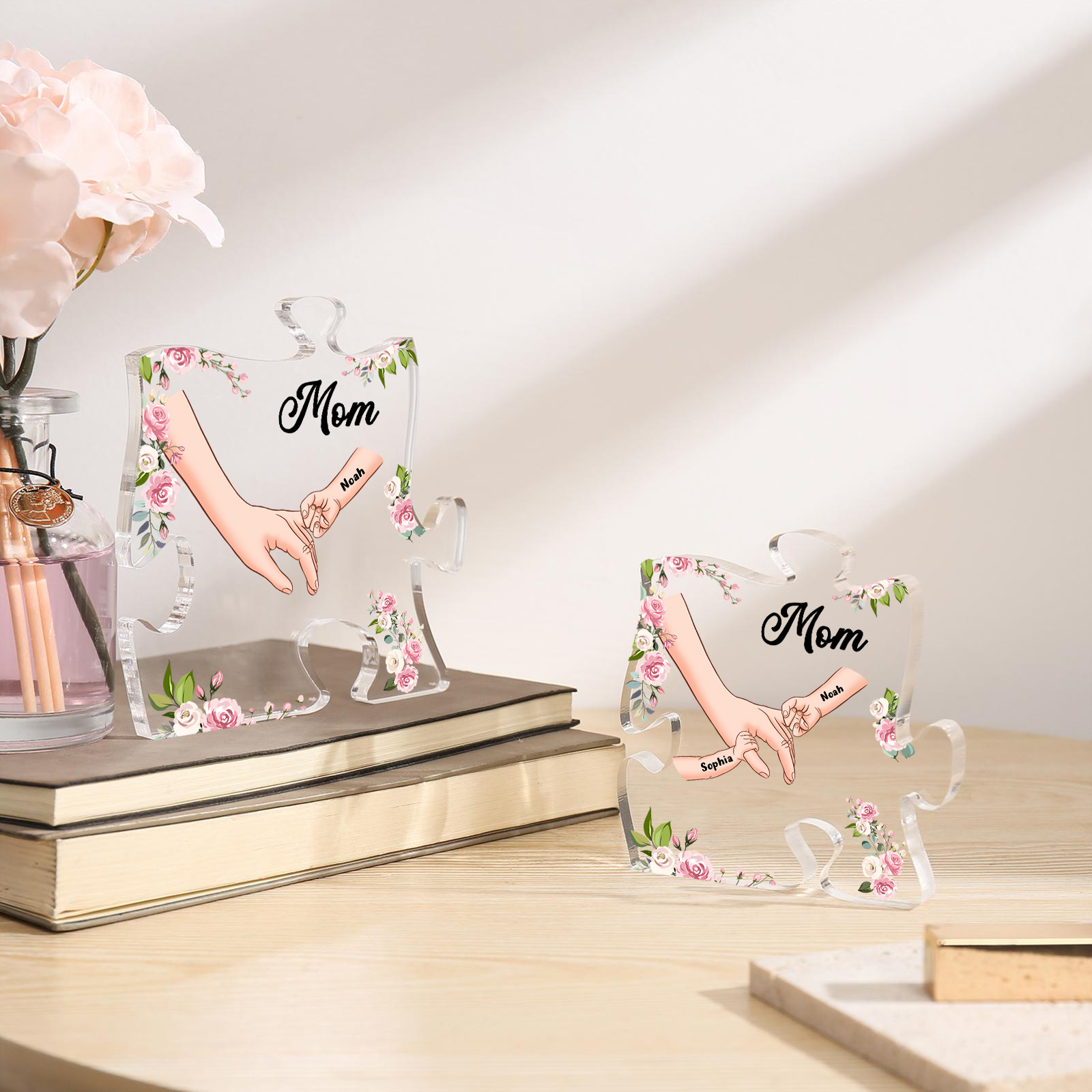 2 Name - Personalized Acrylic Heart Keepsake Customized Name Holding Hands Acrylic Plaque Ornament Mother's Day Gift for Mom