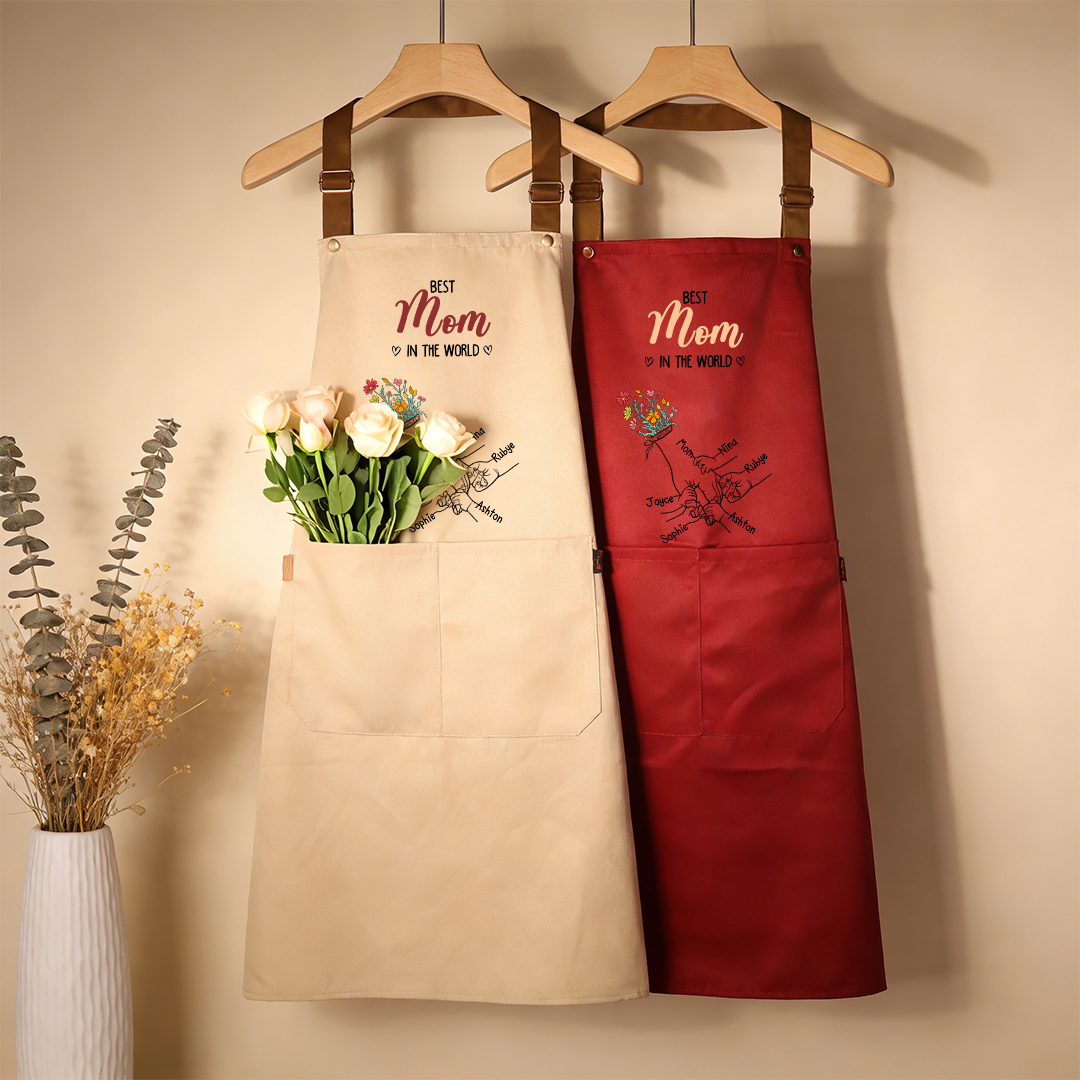 Personalized Floral Kitchen Apron Holding Hands Custom with 2–7 Names Gift for Mom or Grandma