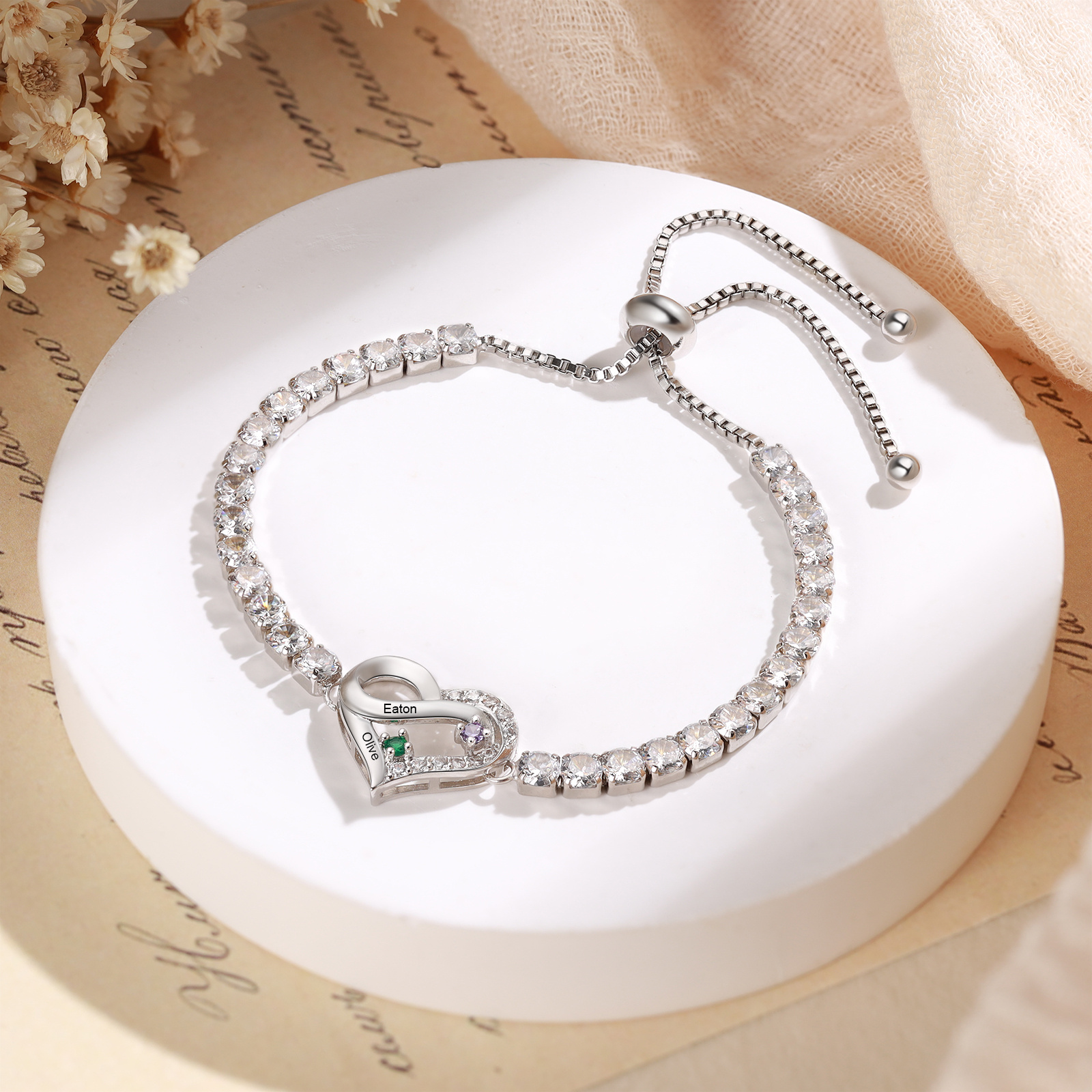 Personalized Infinity Heart Tennis Bracelet with 2–4 Names and Birthstones