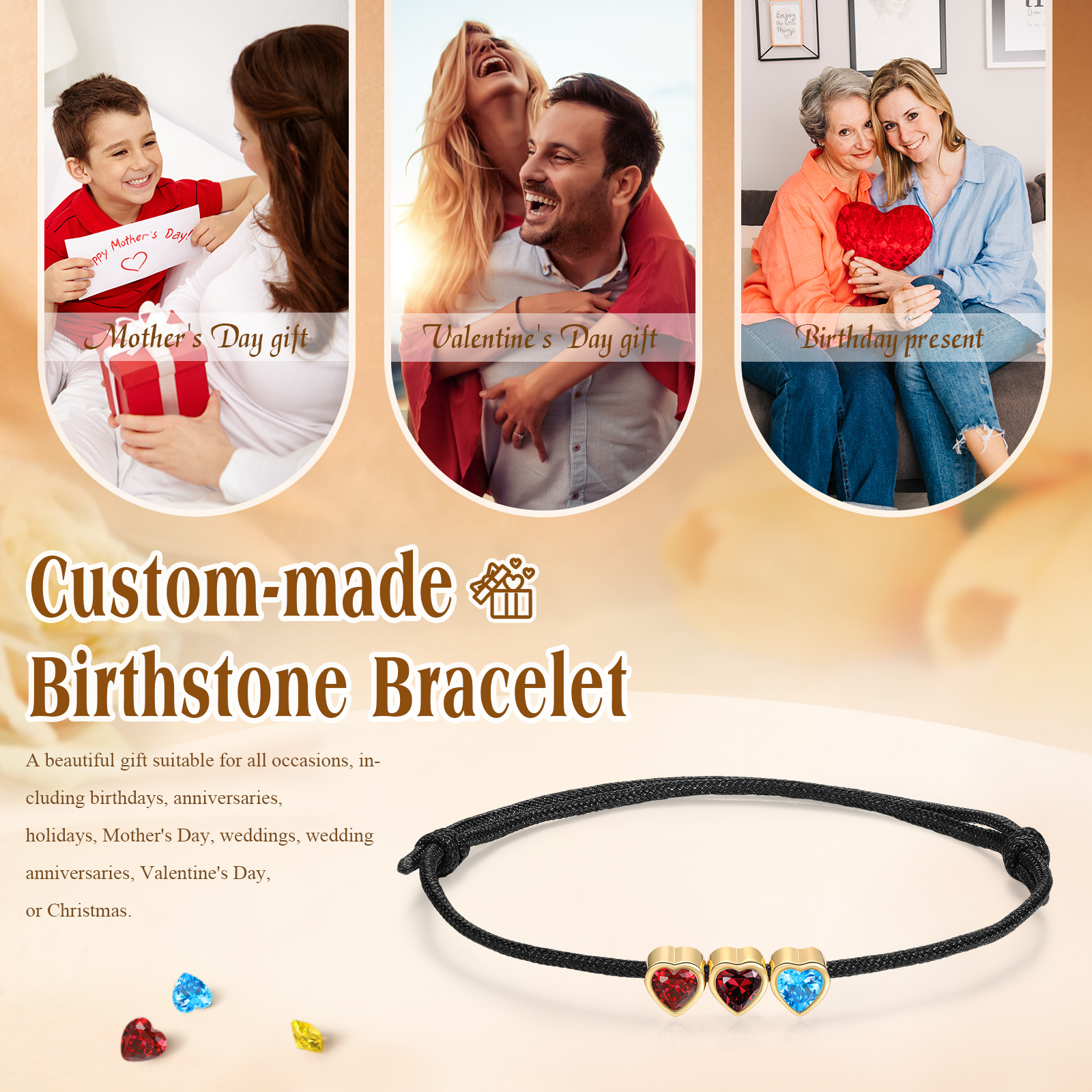Personalized String Rope Bracelet Adjustable Custom with 2–5 Heart-shaped Birthstones Gift for Mom
