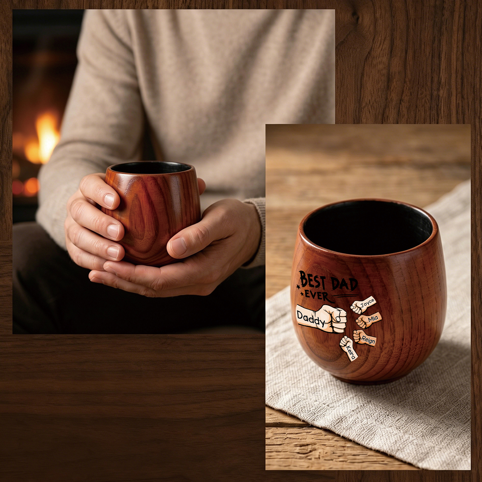 Personalized Wooden Whiskey Cup Custom with 2-6 Fist Bumps and Names
