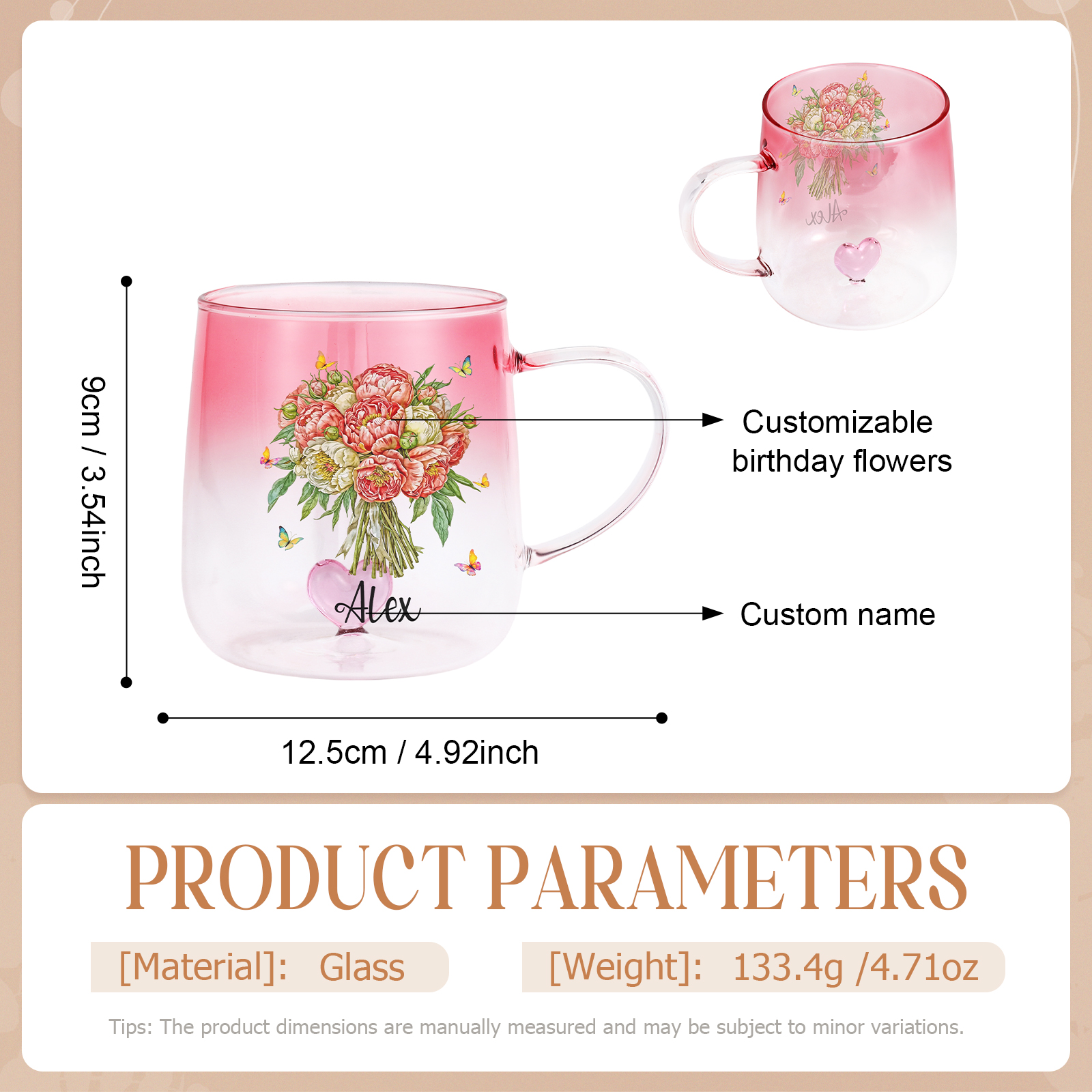 Custom Name Birth Flower Ombre Pink Glass Mug