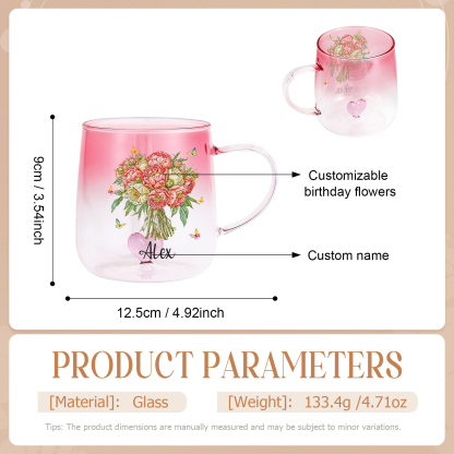 Custom Name Birth Flower Ombre Pink Glass Mug