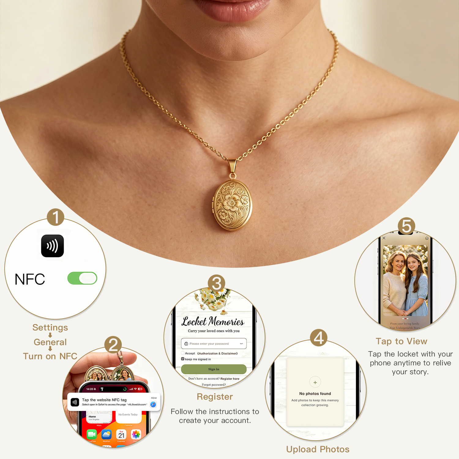 Personalized Locket Necklace Custom with Photo & Text NFC for Women