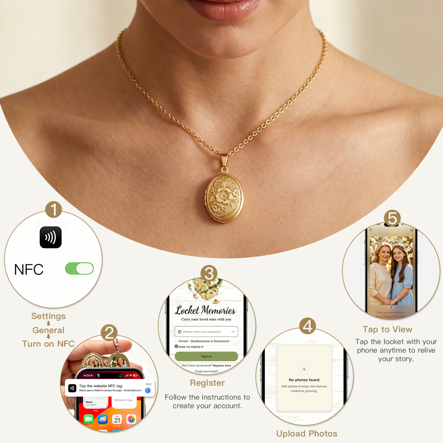 Personalized Locket Necklace Custom with Photo & Text NFC for Women