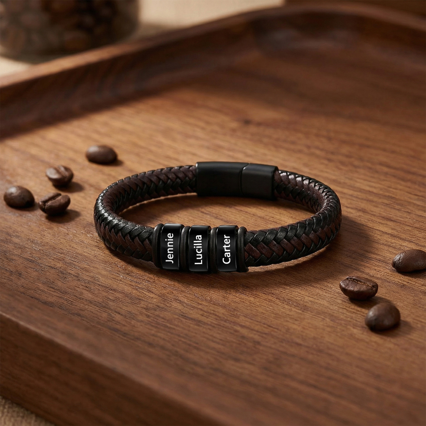 Personalized Leather Braided Bracelet Custom with 2-6 Name Beads
