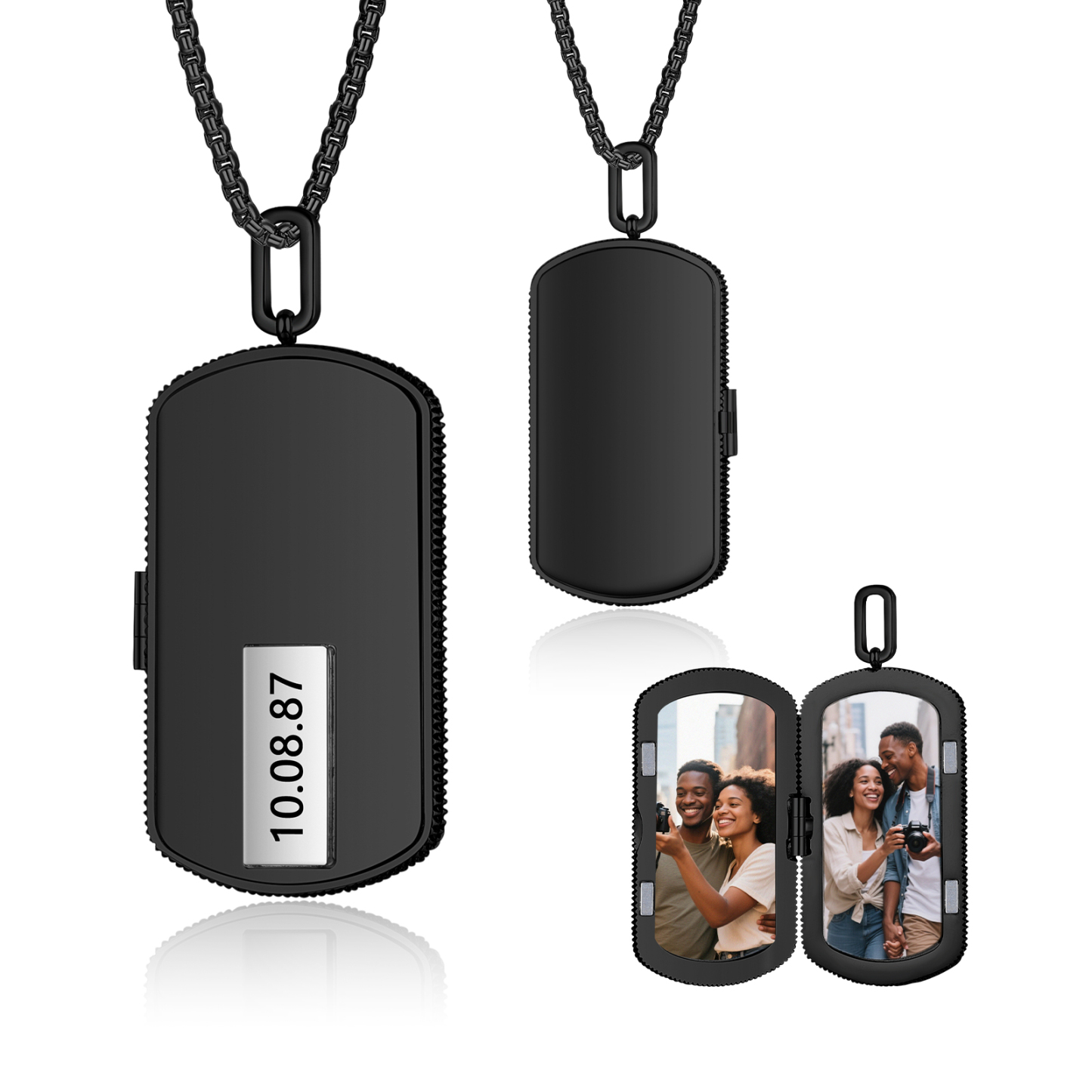 Personalized Dog Tag Locket Necklace for Men with Engraving and 2 Photos
