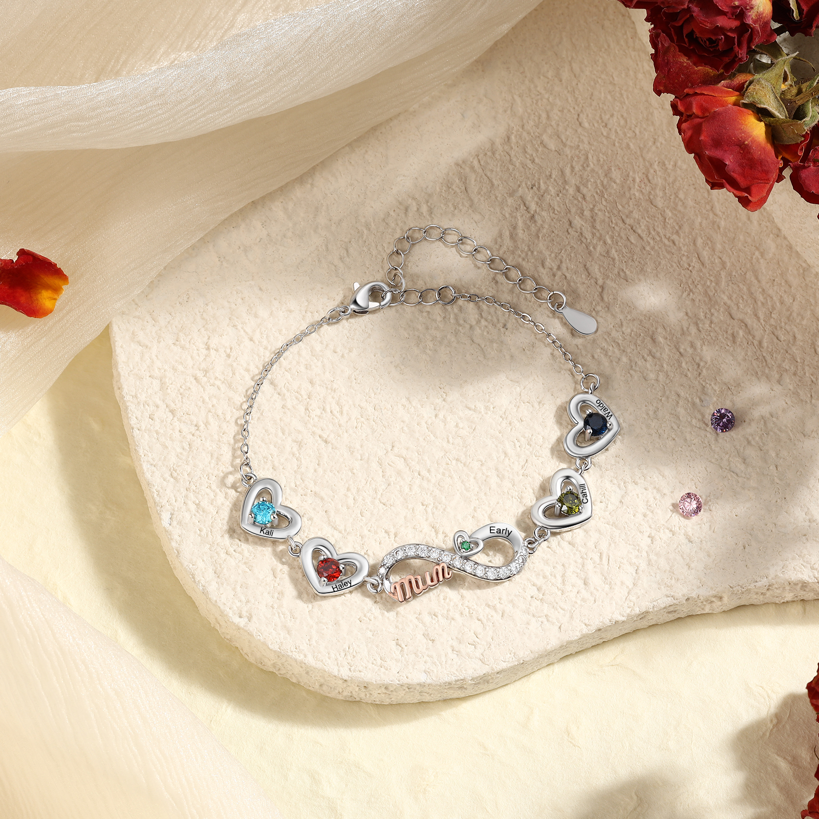 Personalized Infinity Heart Bracelet Mom Birthstones Bracelet Customized With 2–6 Names