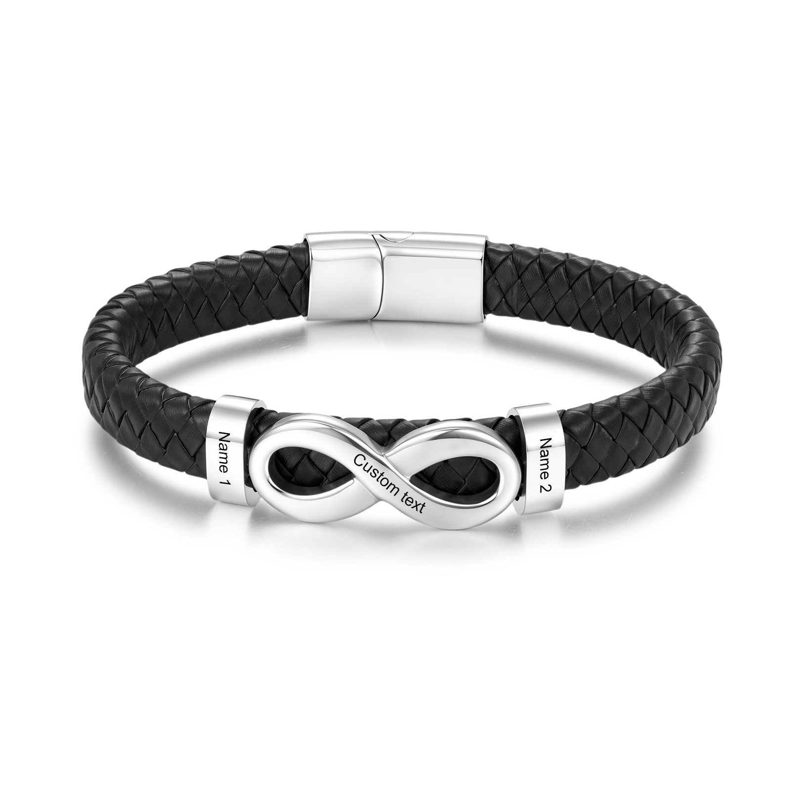 Personalized Infinity Leather Bracelet, Braided Leather Bracelet Custom with 2–6 Names and Message, Father’s Day Birthday Gift for Dad, Husband, Boyfriend | Lorajewel
