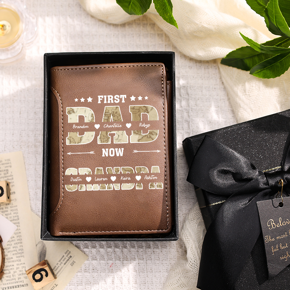 Personalized Leather Wallet With Map Design For Dad And Grandpa Customizable With 2–10 Names