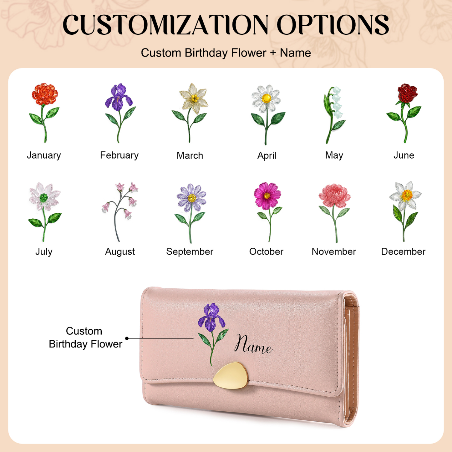 Personalized Long Women Leather Wallet Custom with Birth Flower and Name