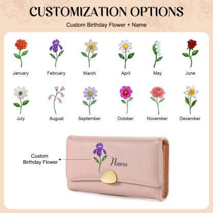 Personalized Long Women Leather Wallet Custom with Birth Flower and Name