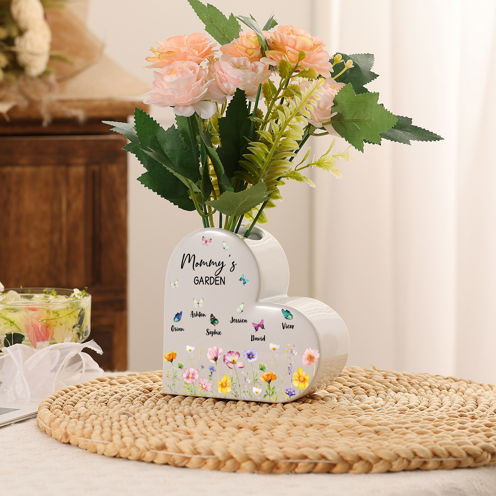 Personalized Heart Shaped Ceramic Vase with Floral and Butterfly Design Customized with 1–10 Names