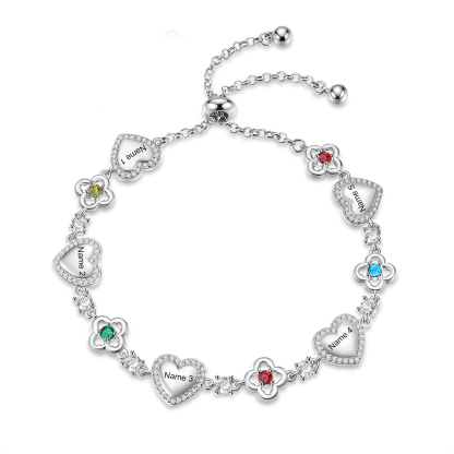 Personalized Birthstone Bracelet with Heart and Flowers Customized with 2–5 Names and Stones