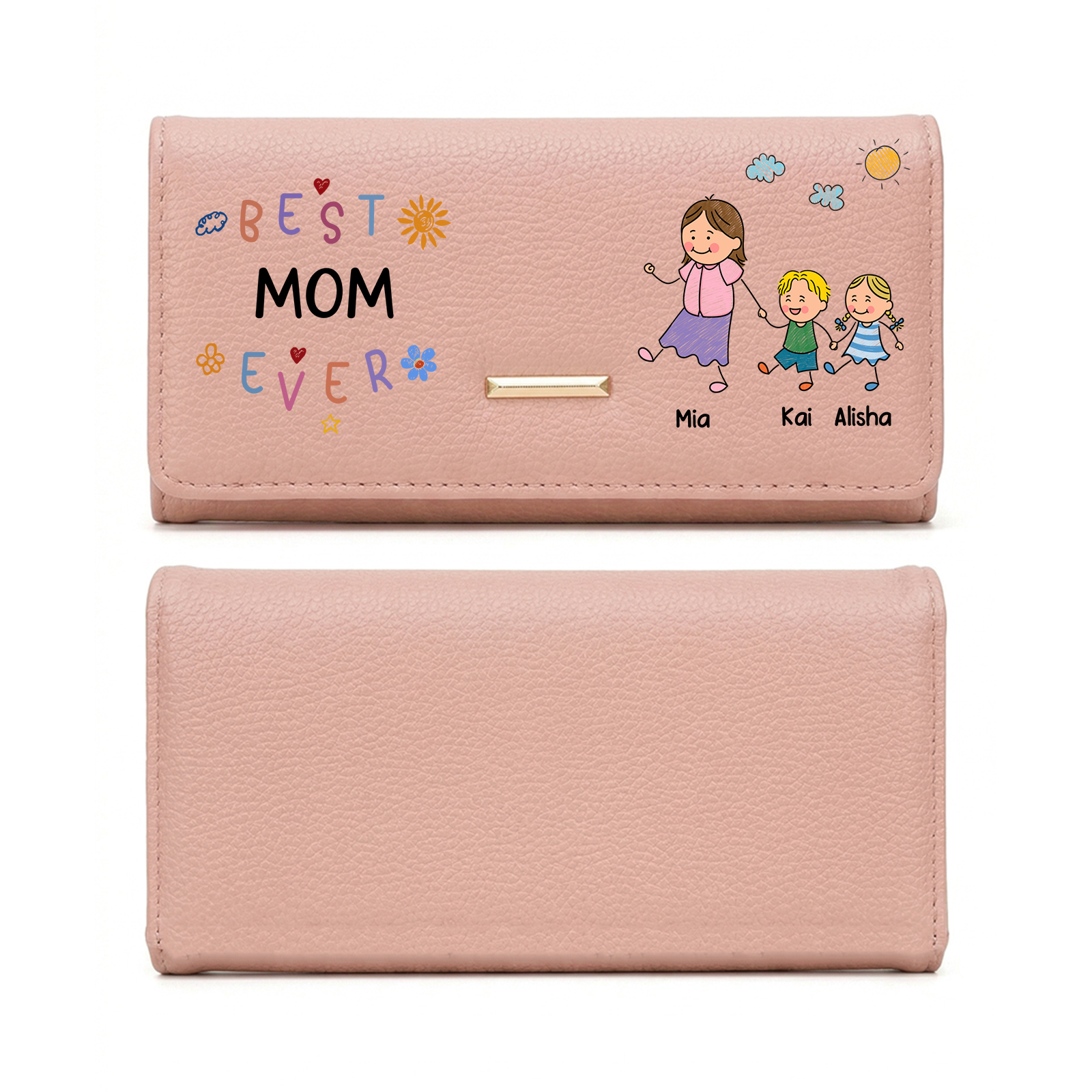 Personalized Leather Wallet Best Mom Ever Family Custom With 1-8 Names and Kids
