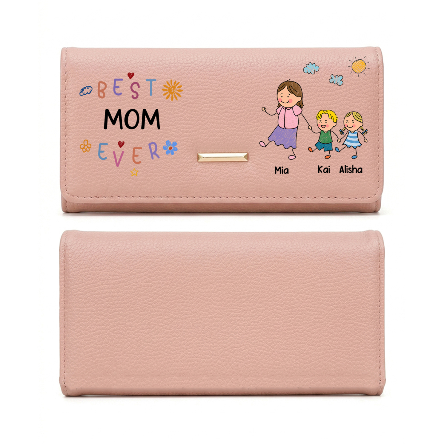 Personalized Leather Wallet Best Mom Ever Family Custom With 1-8 Names and Kids
