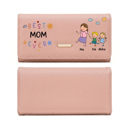 Personalized Leather Wallet Best Mom Ever Family Custom With 1-8 Names and Kids