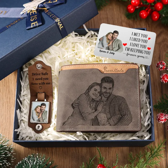 Personalised Leather Wallet & Photo Keyring, and Engraved Wallet Card Gift Set for Him | Jessemade