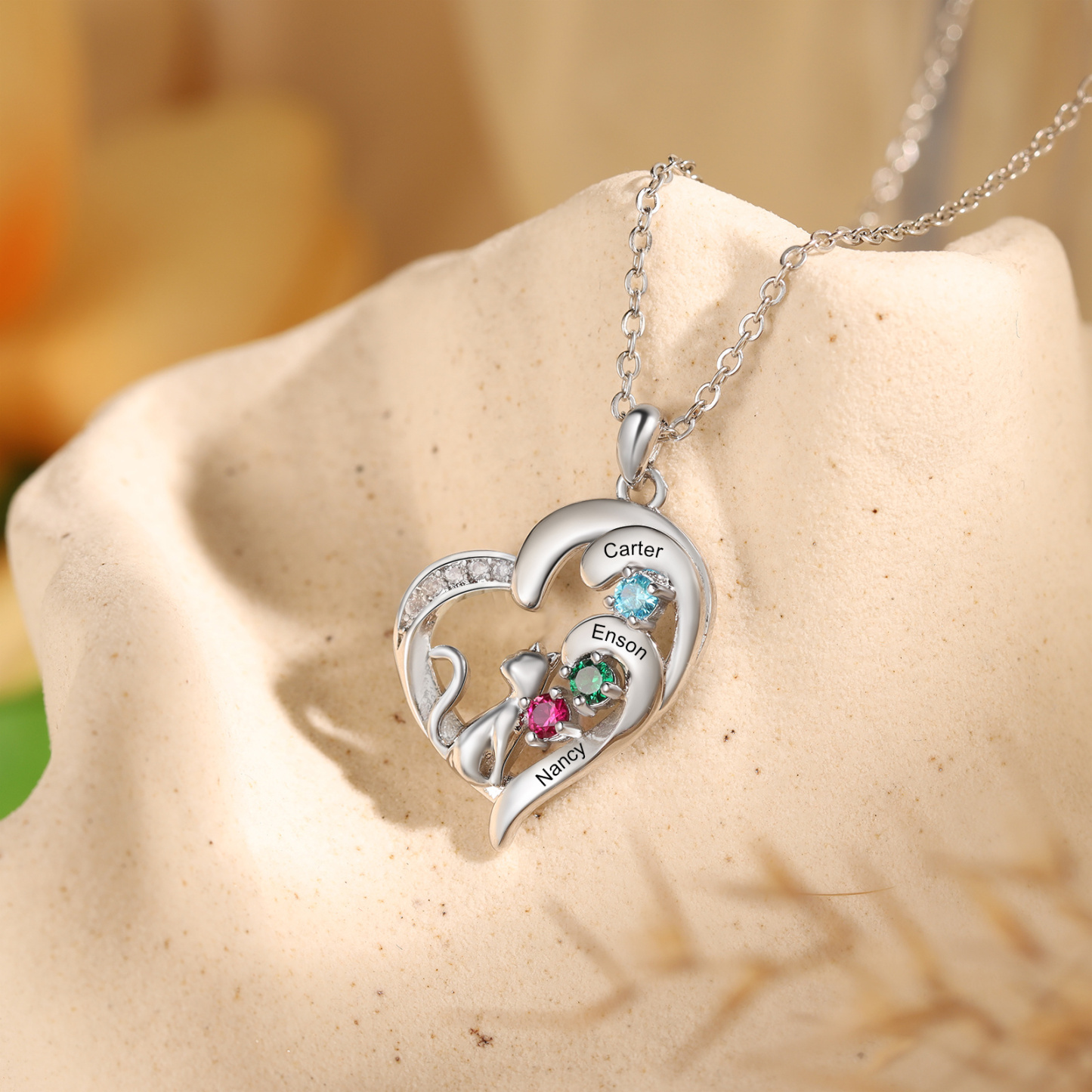 Personalized Cat Heart Necklace with 2–5 Birthstones and Names