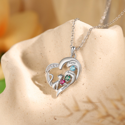 Personalized Cat Heart Necklace with 2–5 Birthstones and Names