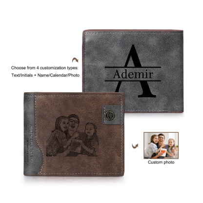 Personalized Men’s Leather Bifold Wallet with Engraved photo Custom Initials and Name