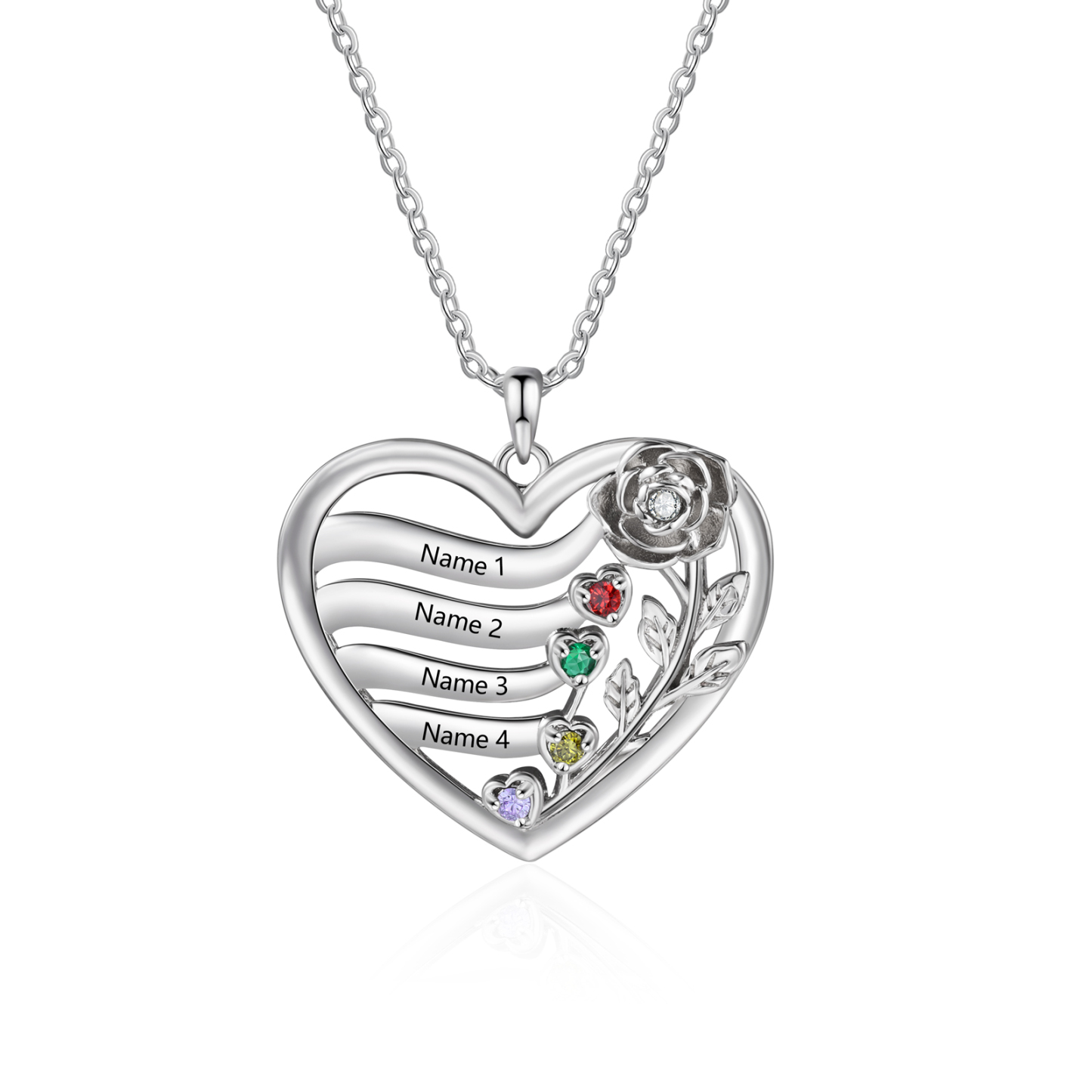 Personalized Rose Heart Birthstone Necklace Custom with 2–5 Names