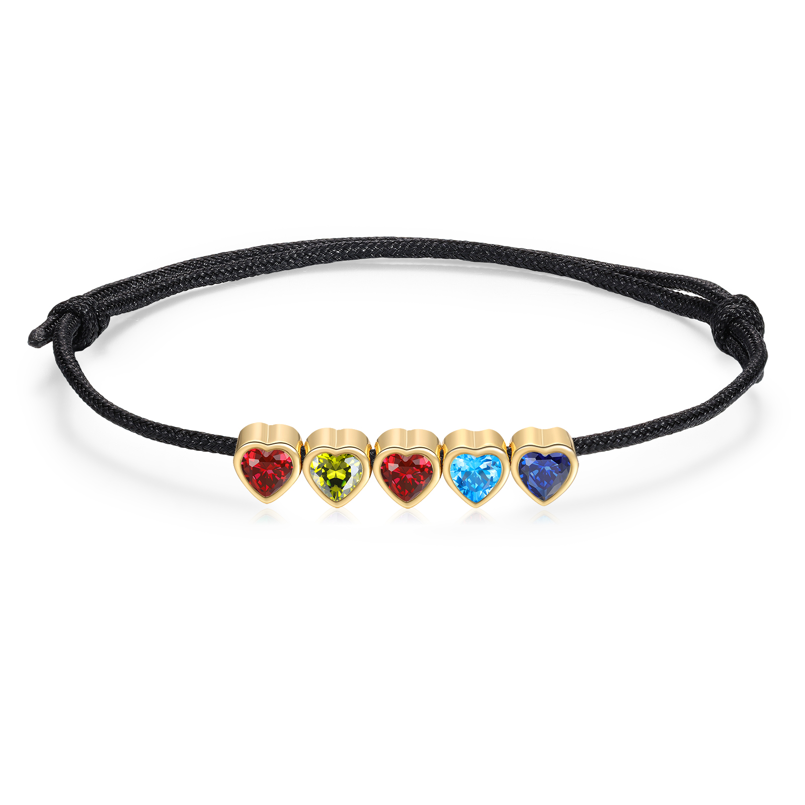 Personalized String Rope Bracelet Adjustable Custom with 2–5 Heart-shaped Birthstones Gift for Mom