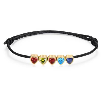 Personalized String Rope Bracelet Adjustable Custom with 2–5 Heart-shaped Birthstones Gift for Mom