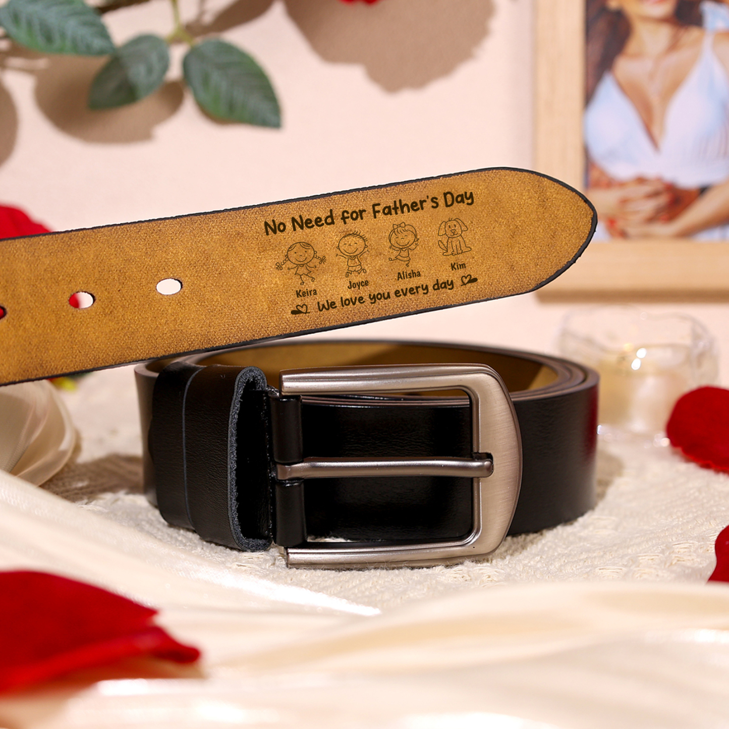 Personalized Leather Belt for Men Customized with 1-6 Names and Kids’ Drawing Gift for Dad Father’s Day