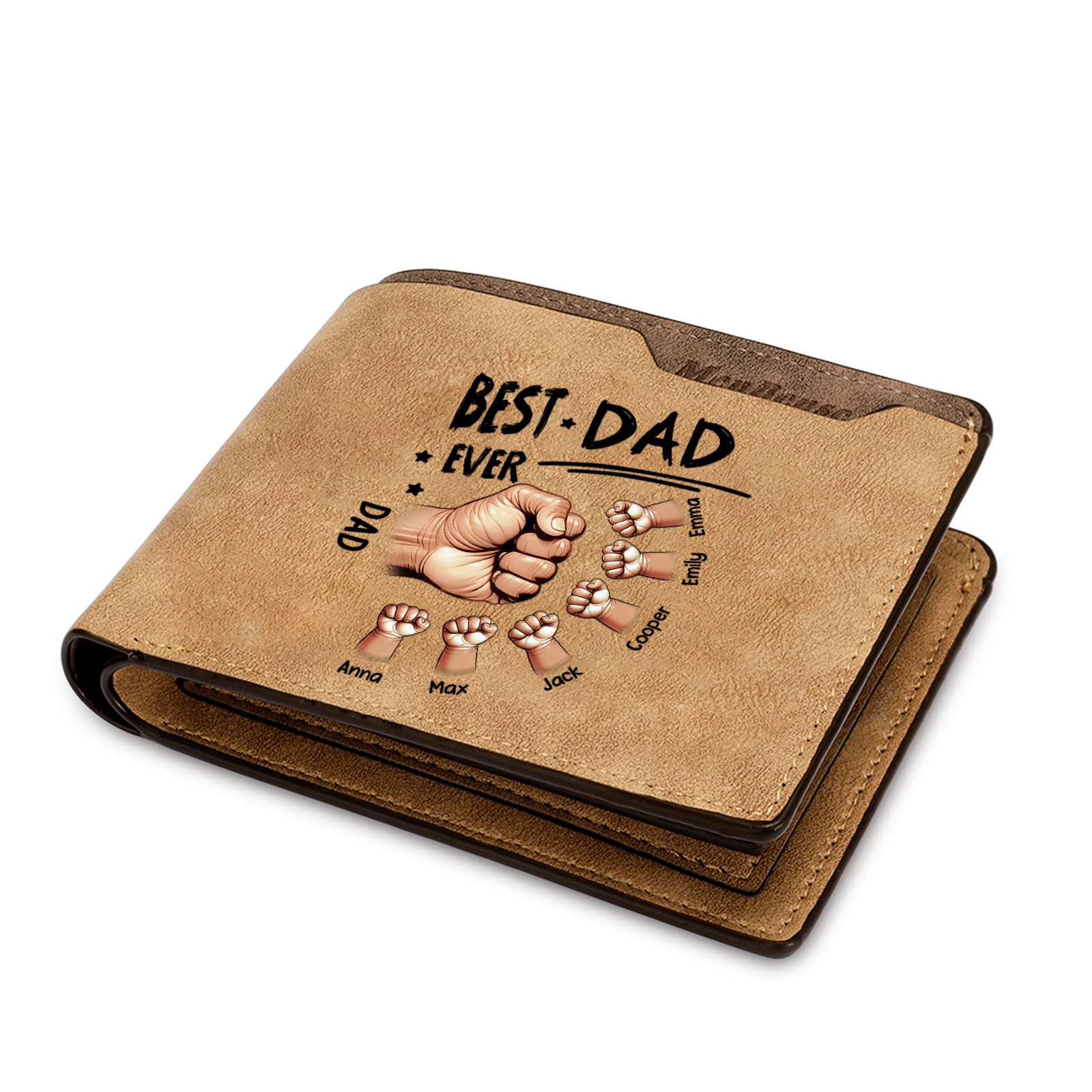 Best Dad Ever - Personalized Leather Wallet Custom 2-7 Names and Fist Bump| Father's Day Gift for Dad | Jessemade