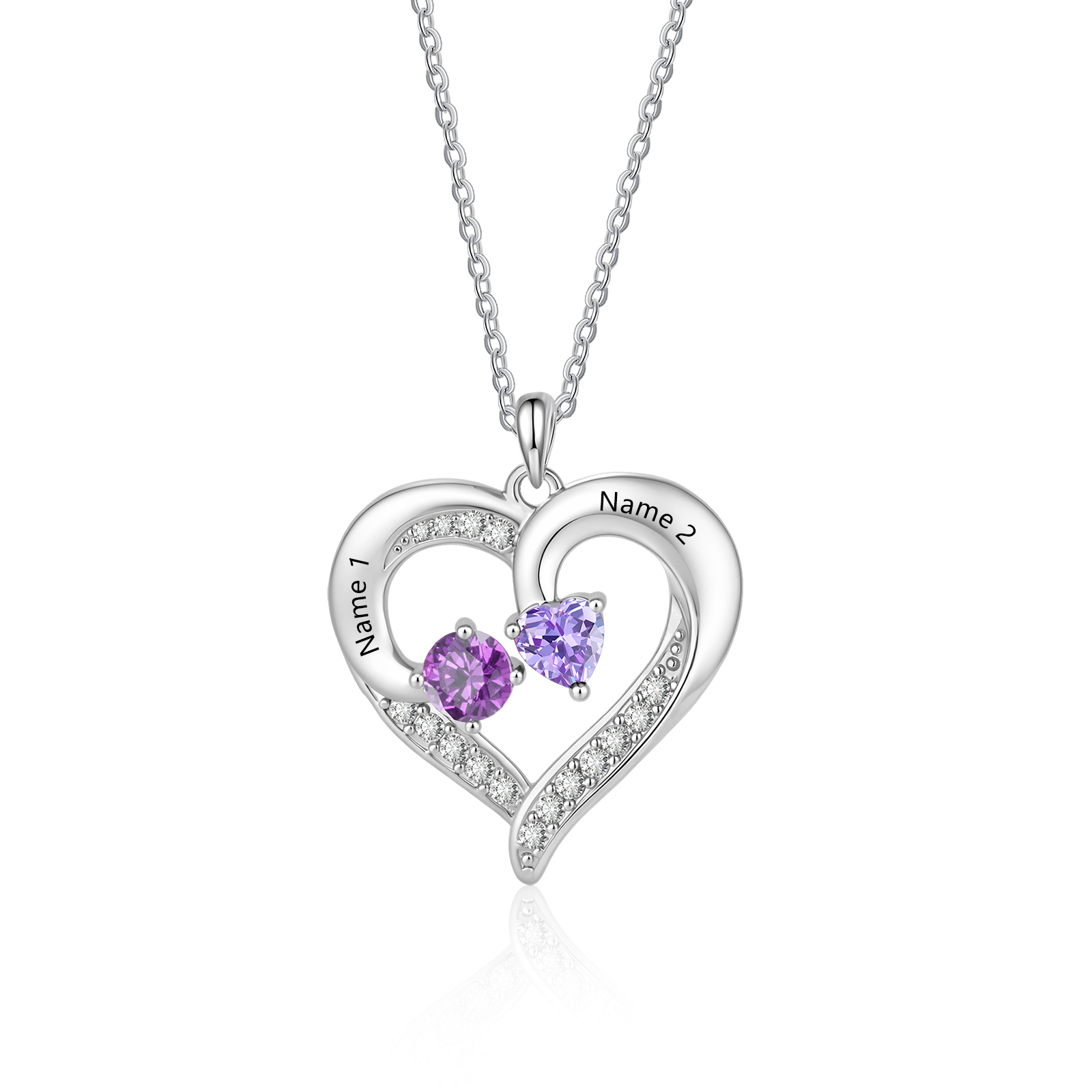 Personalized Double Heart Birthstone Necklace Customized with 1-5 Names
