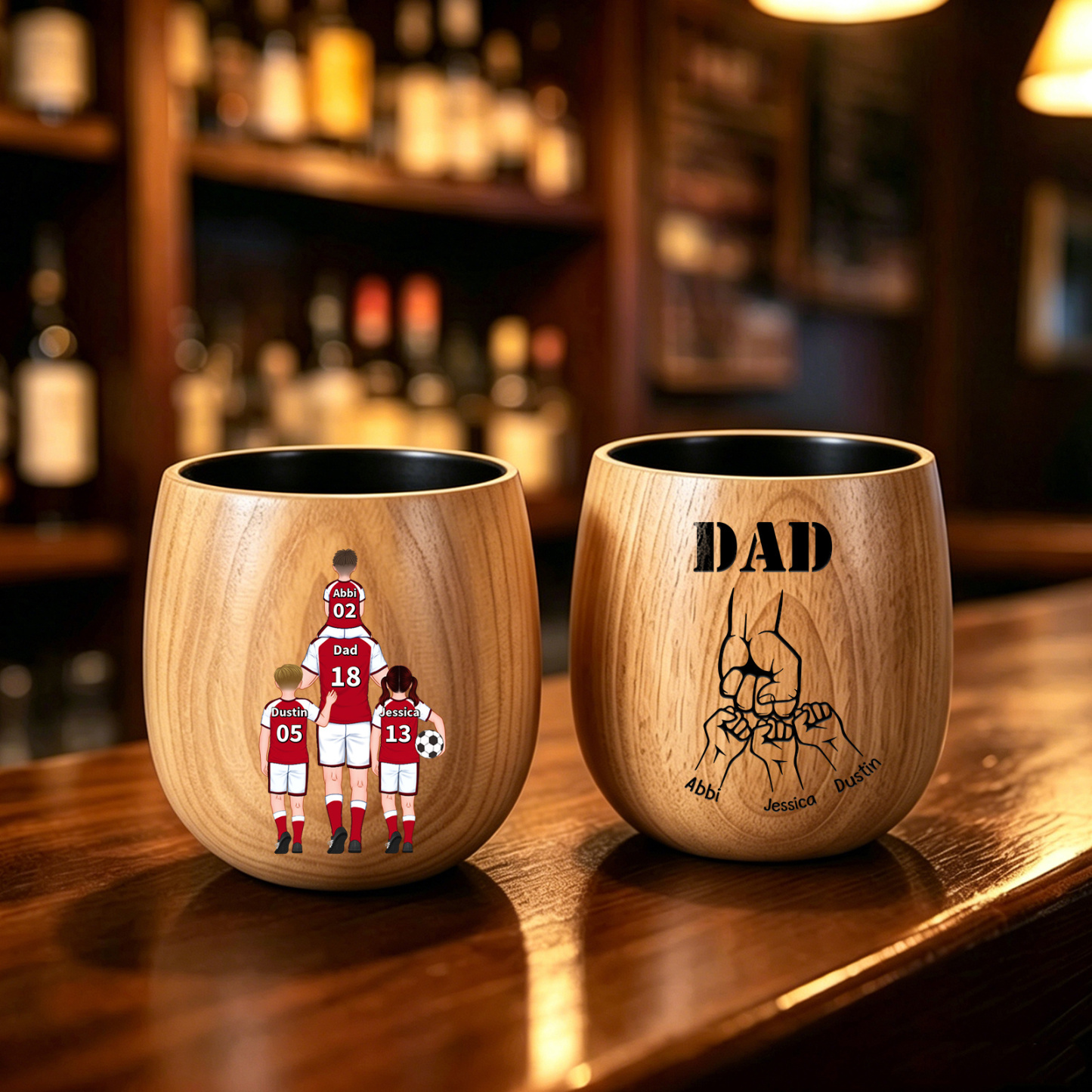 Personalized Wooden Whiskey Tumbler Cup for Dad Customized with 1–5 Kids Names Football Family