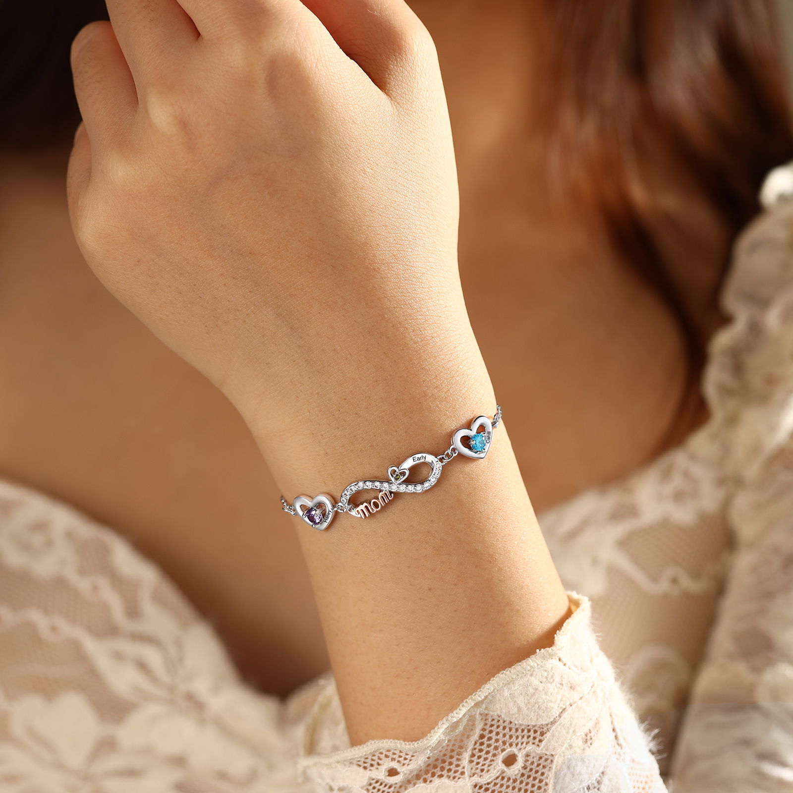 Personalized Infinity Heart Bracelet Mom Birthstones Bracelet Customized With 2–6 Names