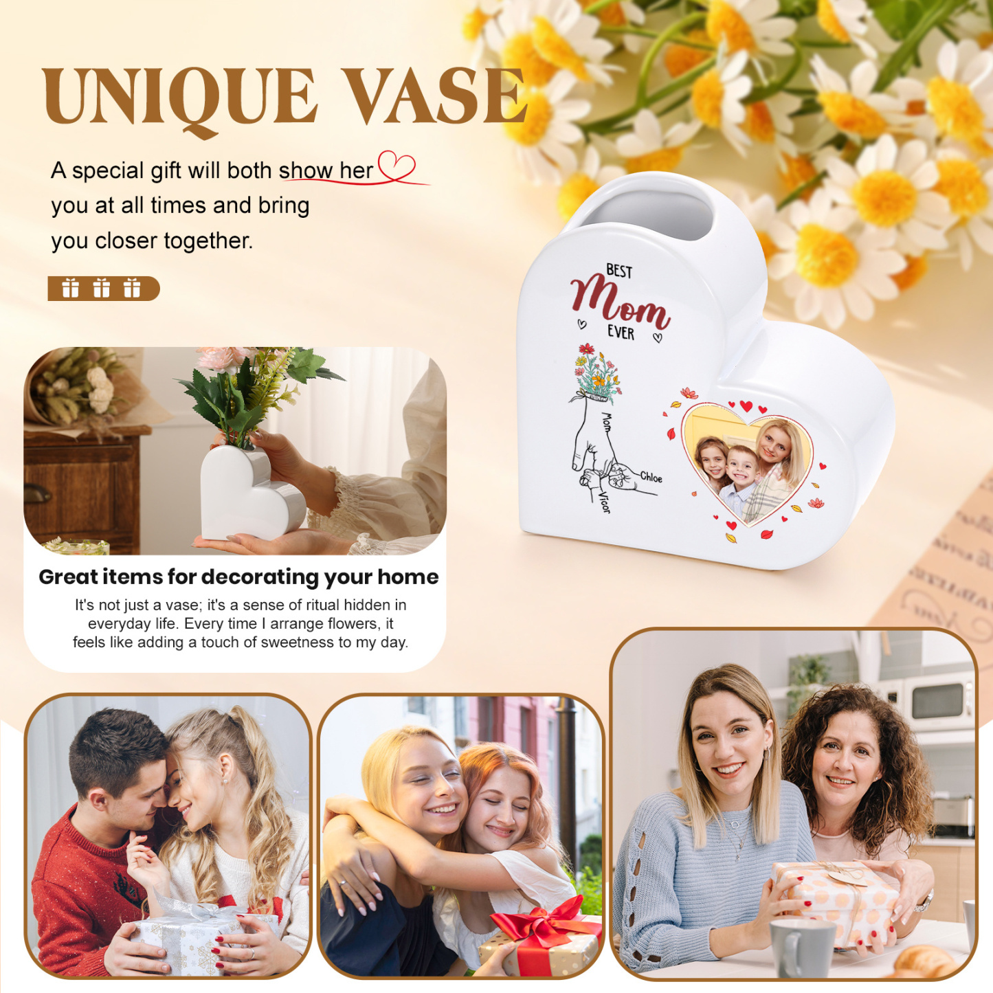 Personalized Heart Shaped Ceramic Vase Custom With 1-6 Names And Photo Gift For Mom Or Grandma