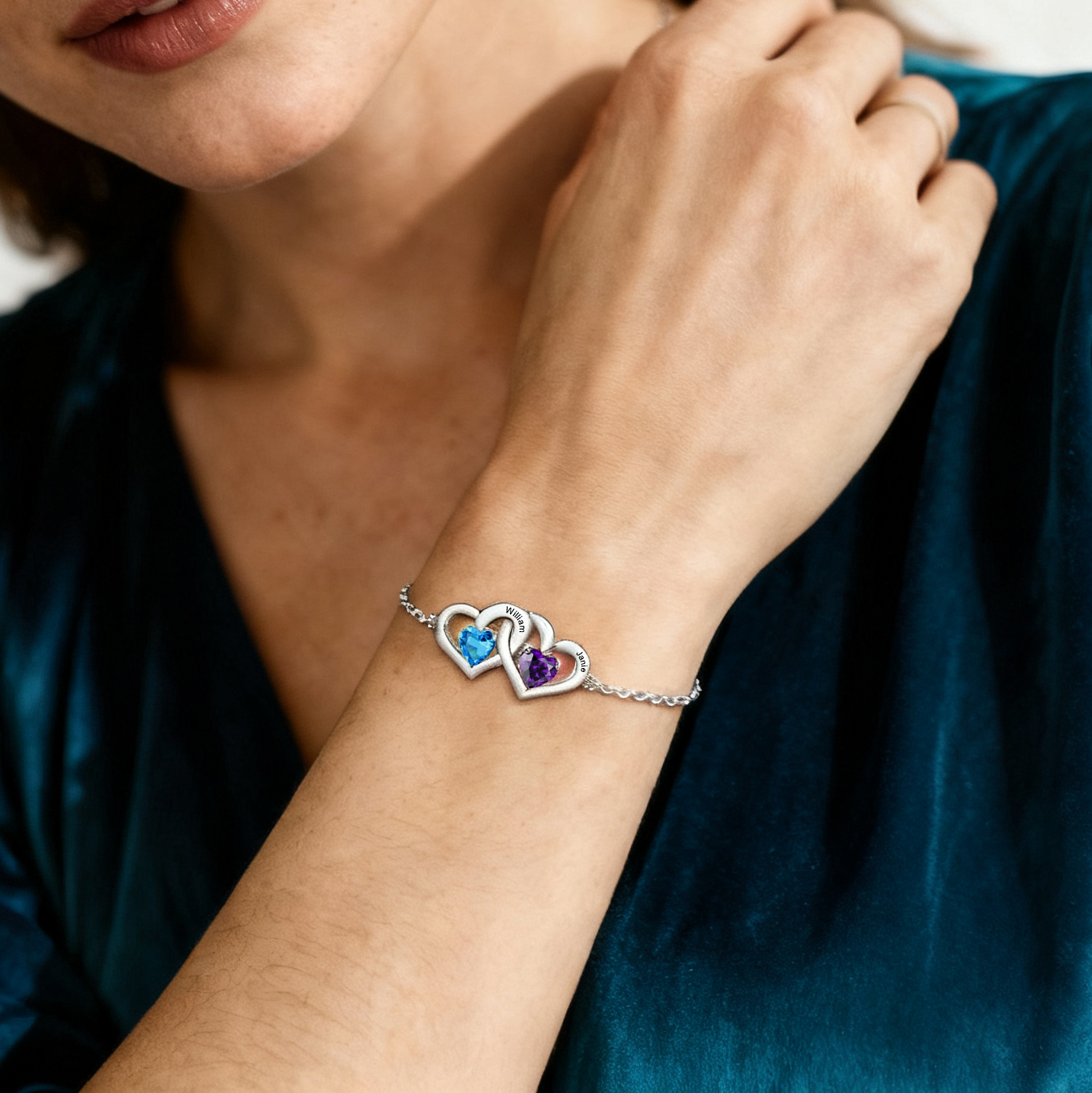 Personalized Heart Bracelet With 2 Birthstones Engraved Names Bracelet Gift For Women