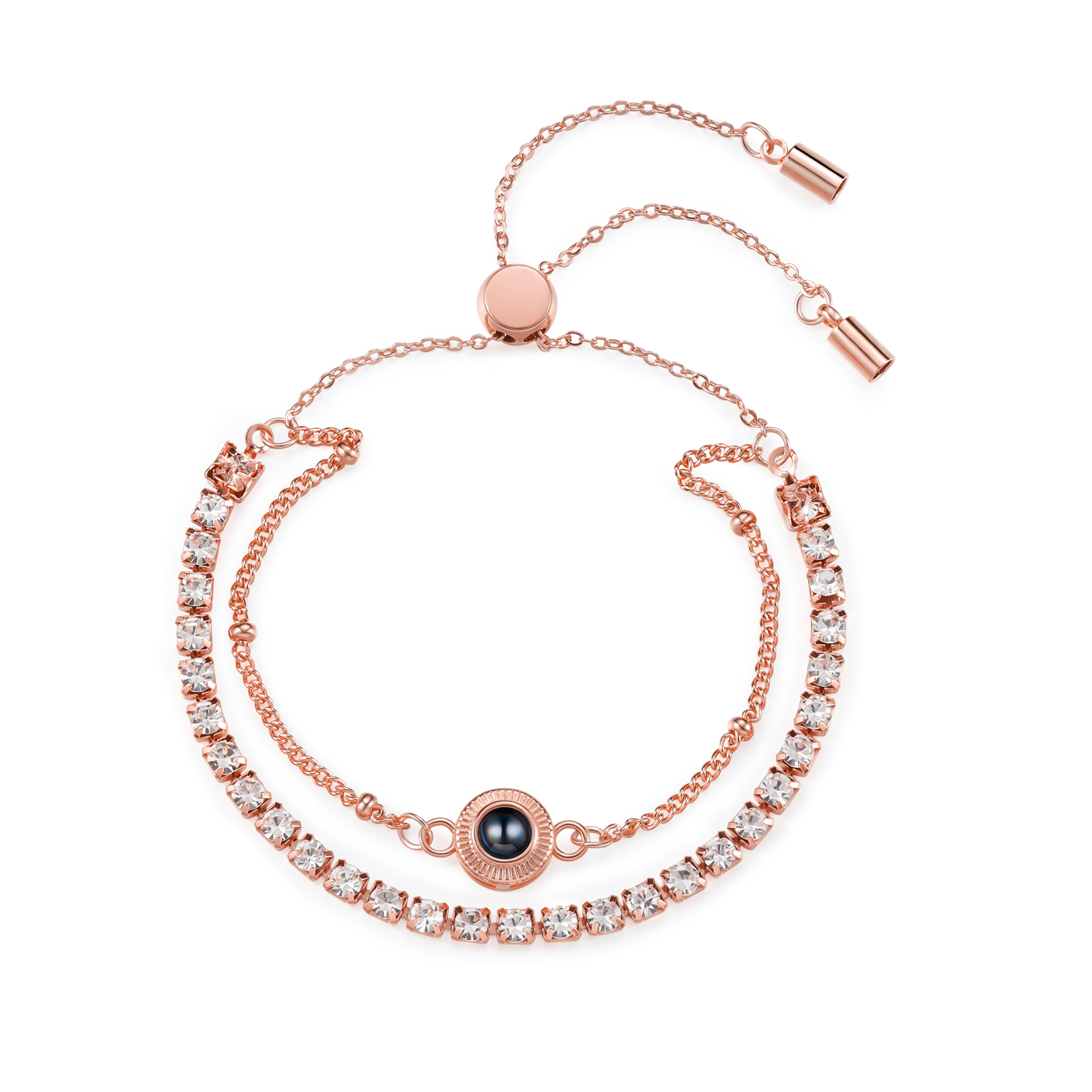 Personalized Photo Projection Bracelet with Double Rhinestone Row Adjustable Women’s Bracelet