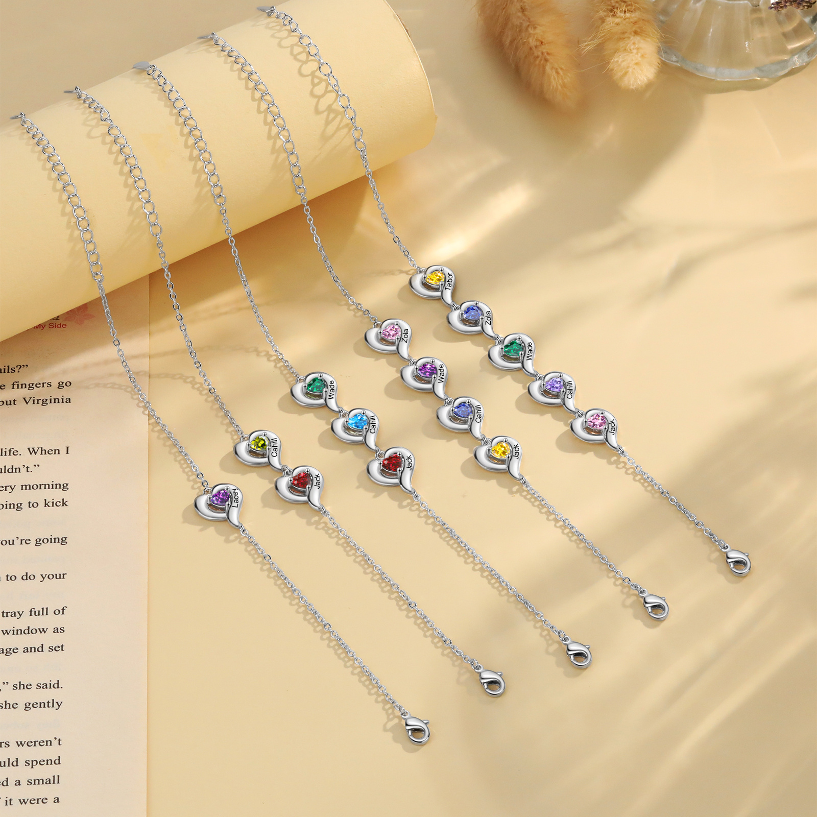 Personalized 1-5 Names Adjustable Heart Birthstone Bracelet | Jessemade