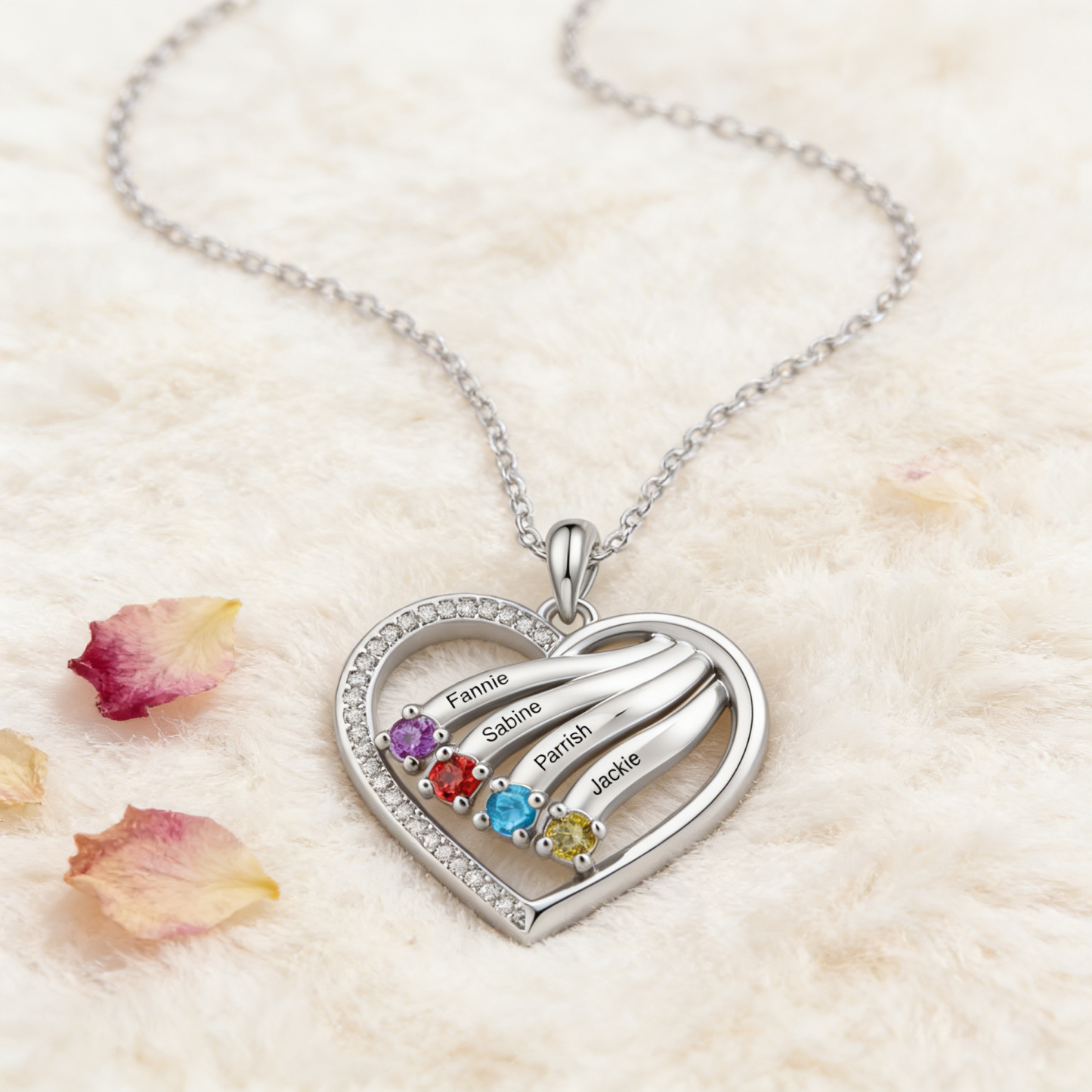 Personalized Heart Name Necklace Custom With Birthstones Engraved 4–6 Children’s Names