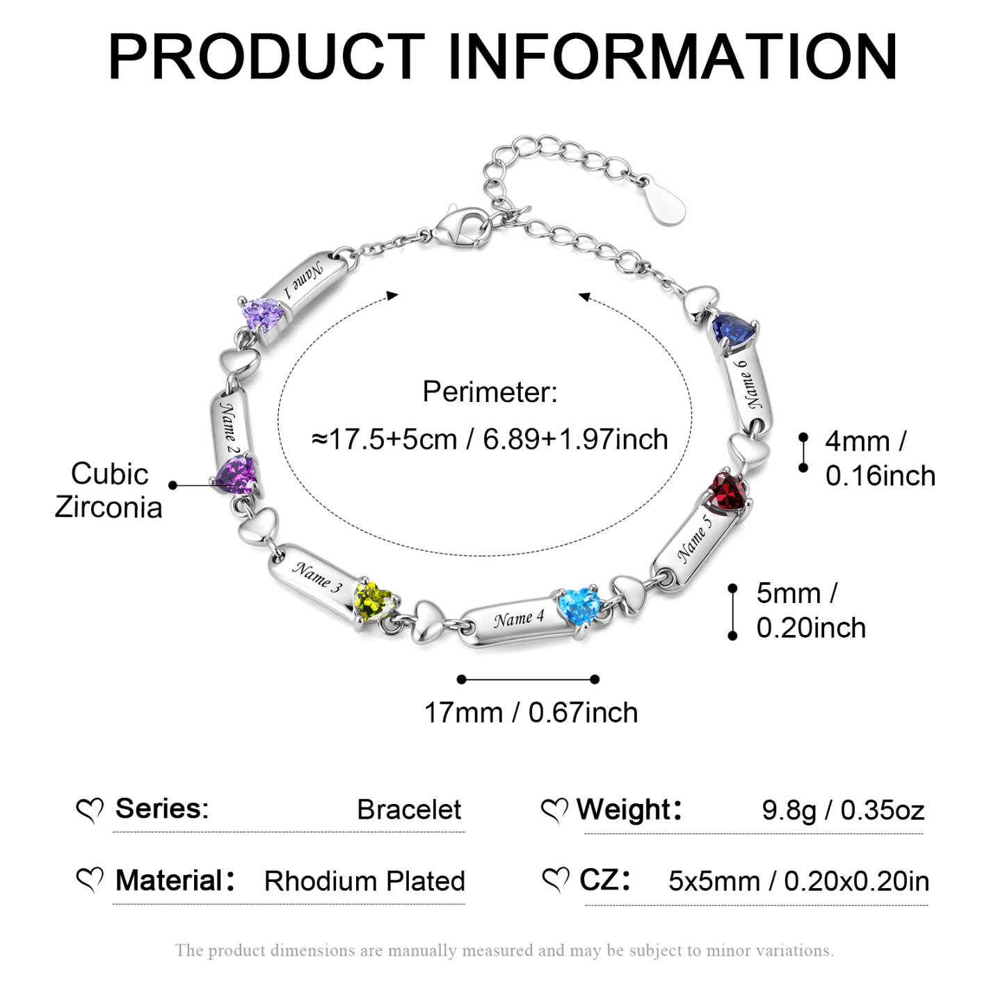Personalized Birthstones Bracelet Customized With 1-6 Names And Heart-Shaped Stones Gift For Mom Or Grandma