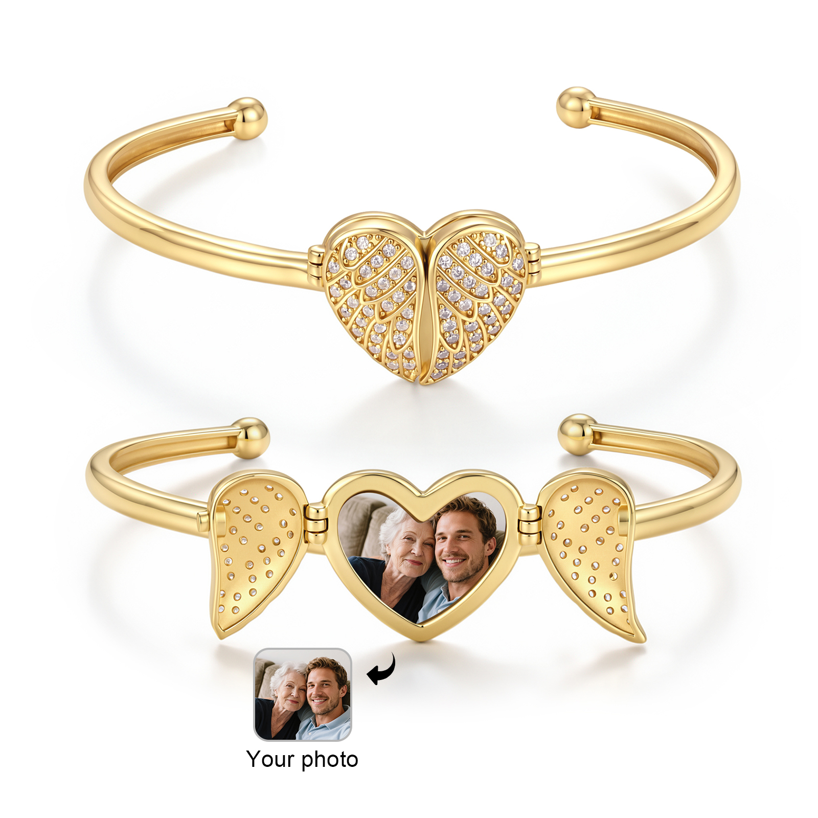Personalized Angel Wing Heart Photo Cuff Bracelet