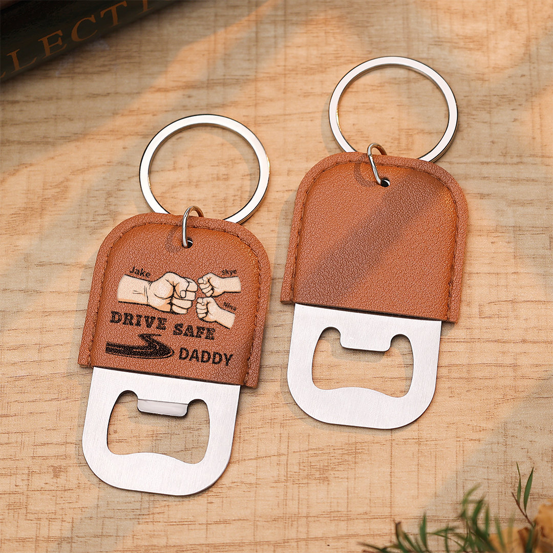 Personalized Leather Keychain With Bottle Opener For Dad Drive Safely