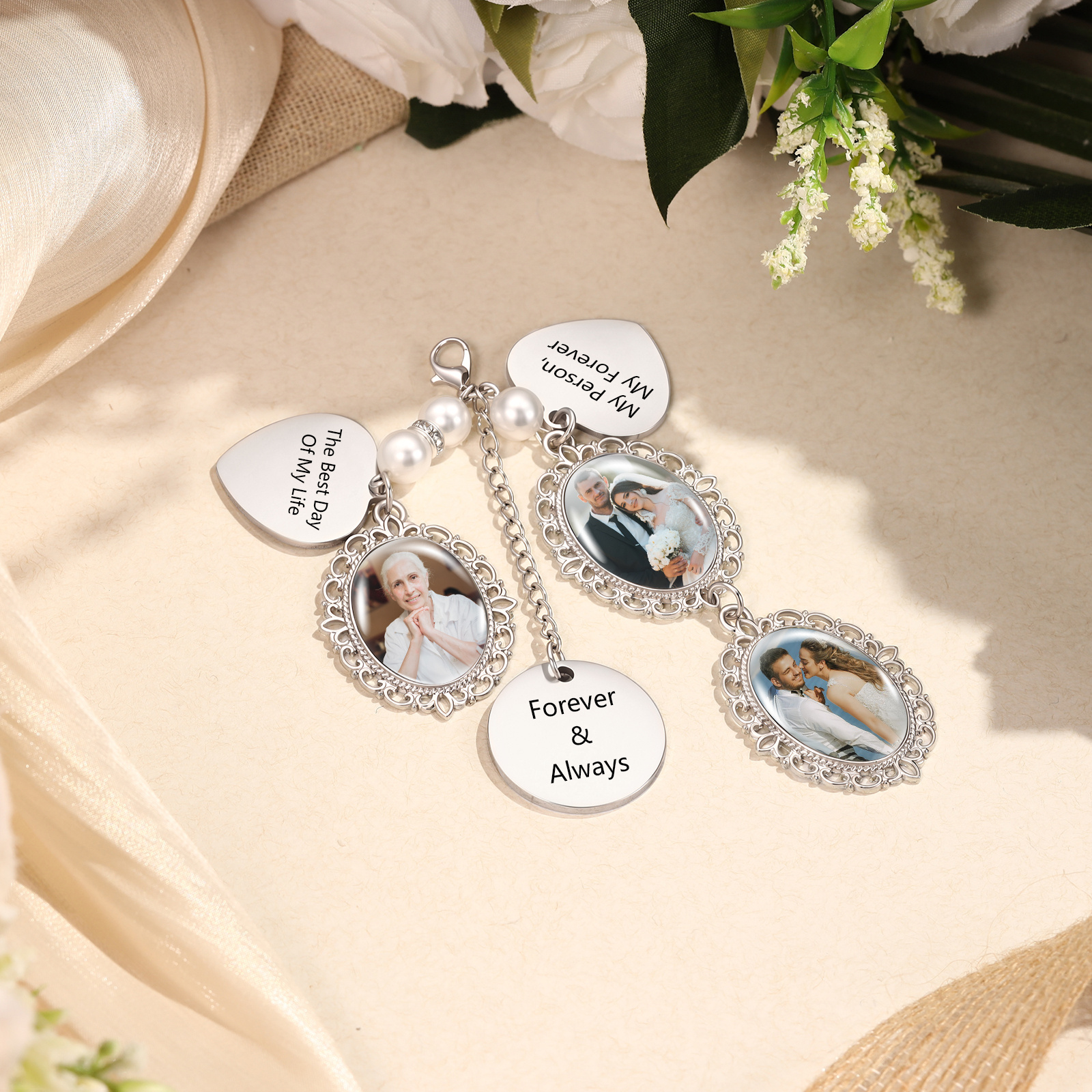 Personalized Memorial Bouquet Charm with Pearl Beads Custom 1-4 Photos