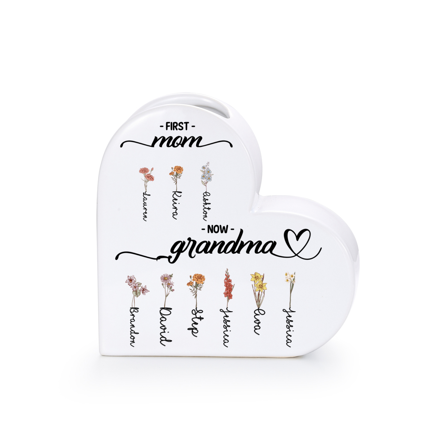 Personalized Ceramic Heart Vase with 2–12 Birthflowers and Names